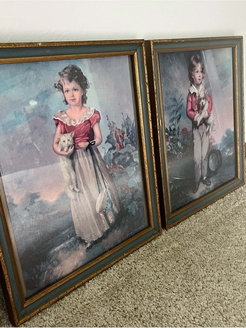 Pair of Vintage Children Portrait Prints in Gold-Tone Frames - Red & Cream